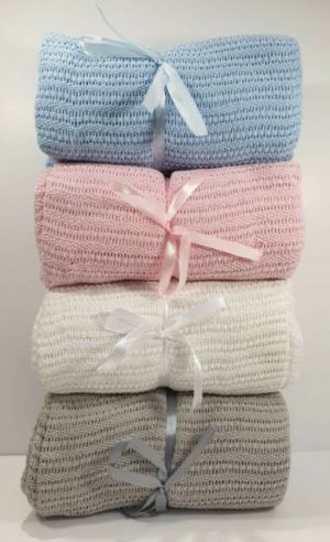 SOFT TOUCH Cotton Cellular Pram Blanket - Pink, Blue, Grey or White